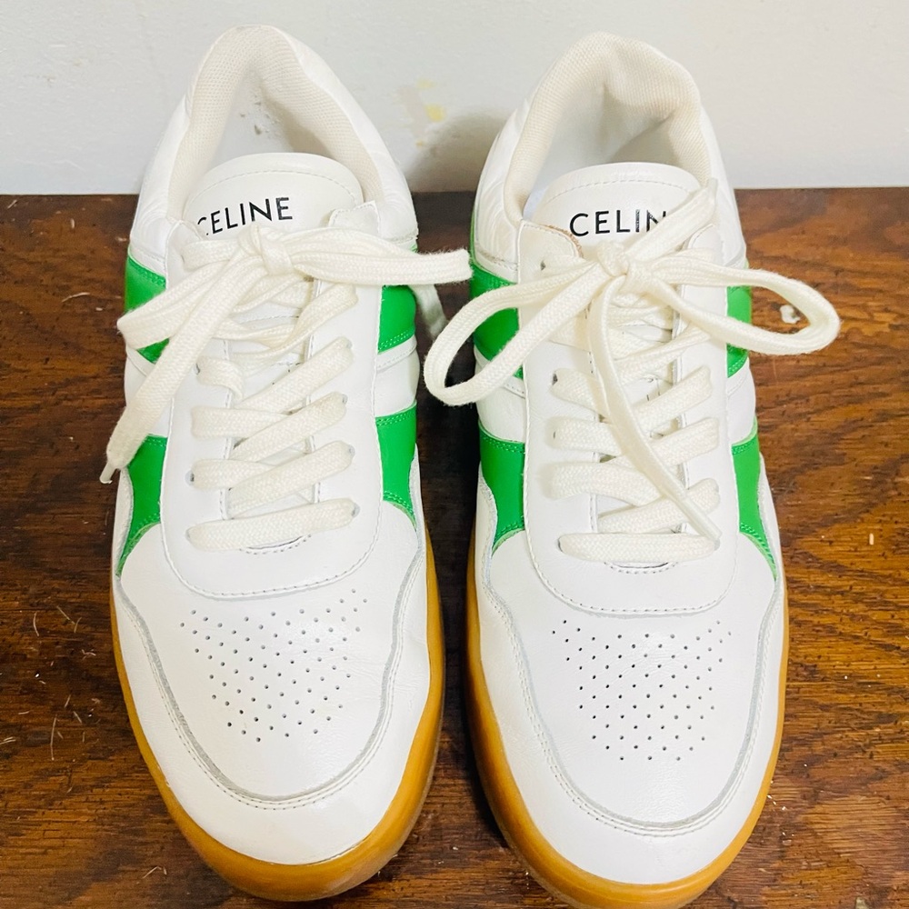Celine White and Green Sneakers with Leather Upper